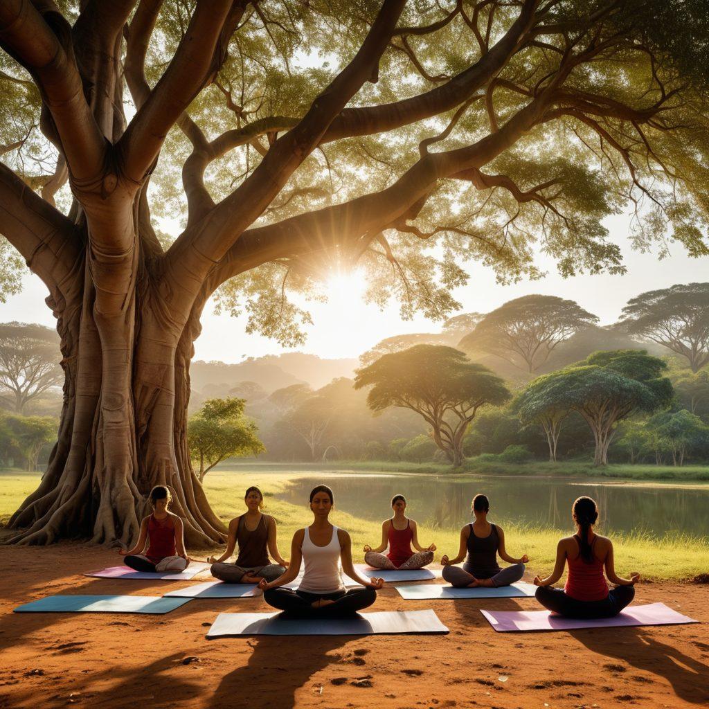 An artistic representation of a serene Indian landscape featuring traditional motifs, with travelers enjoying pleasure activities such as yoga and exploring nature, intertwined with digital insurance symbols like shields and checkmarks. The scene should evoke a sense of harmony between cultural heritage and modern technology. Use warm colors and soft light to enhance the inviting atmosphere. vibrant colors. painting.