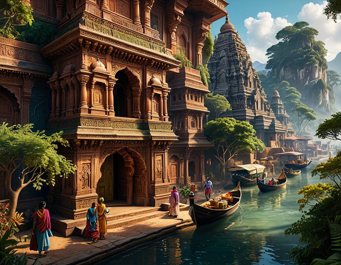 A serene landscape depicting a traveler's journey through India, featuring vibrant markets, ancient temples, and lush greenery. Overlay subtle symbols of digital insurance, like a shield and a checkmark, interwoven into the scenery. Include travelers enjoying their adventures, capturing the essence of pleasure and security. The color palette should be rich and inviting, evoking a sense of wanderlust. super-realistic. vibrant colors. 3D.